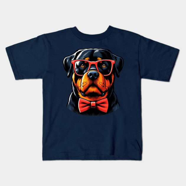 Rottweiler Dog Wearing Red Glasses And Bow Tie Kids T-Shirt by Figurely creative